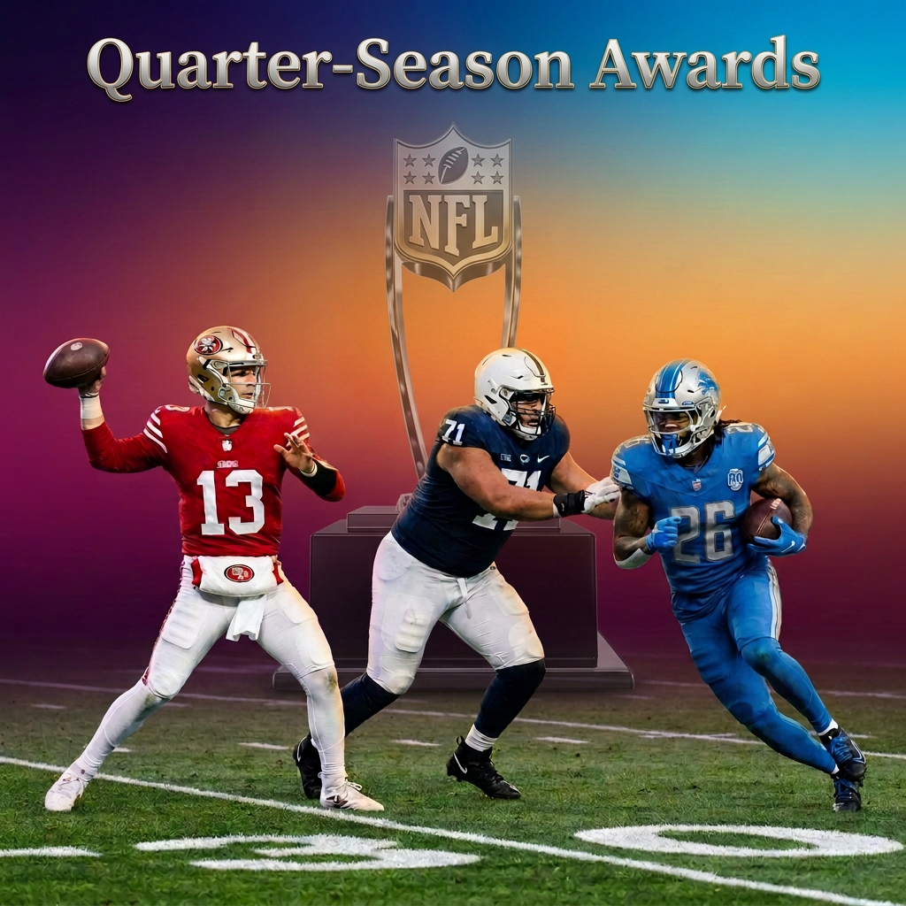 Football players on field with NFL Honors 2024 award trophies